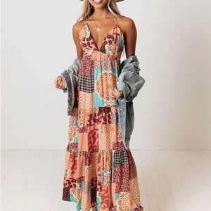 Bohemian Patchwork Maxi Dress - Peach Multi Size L